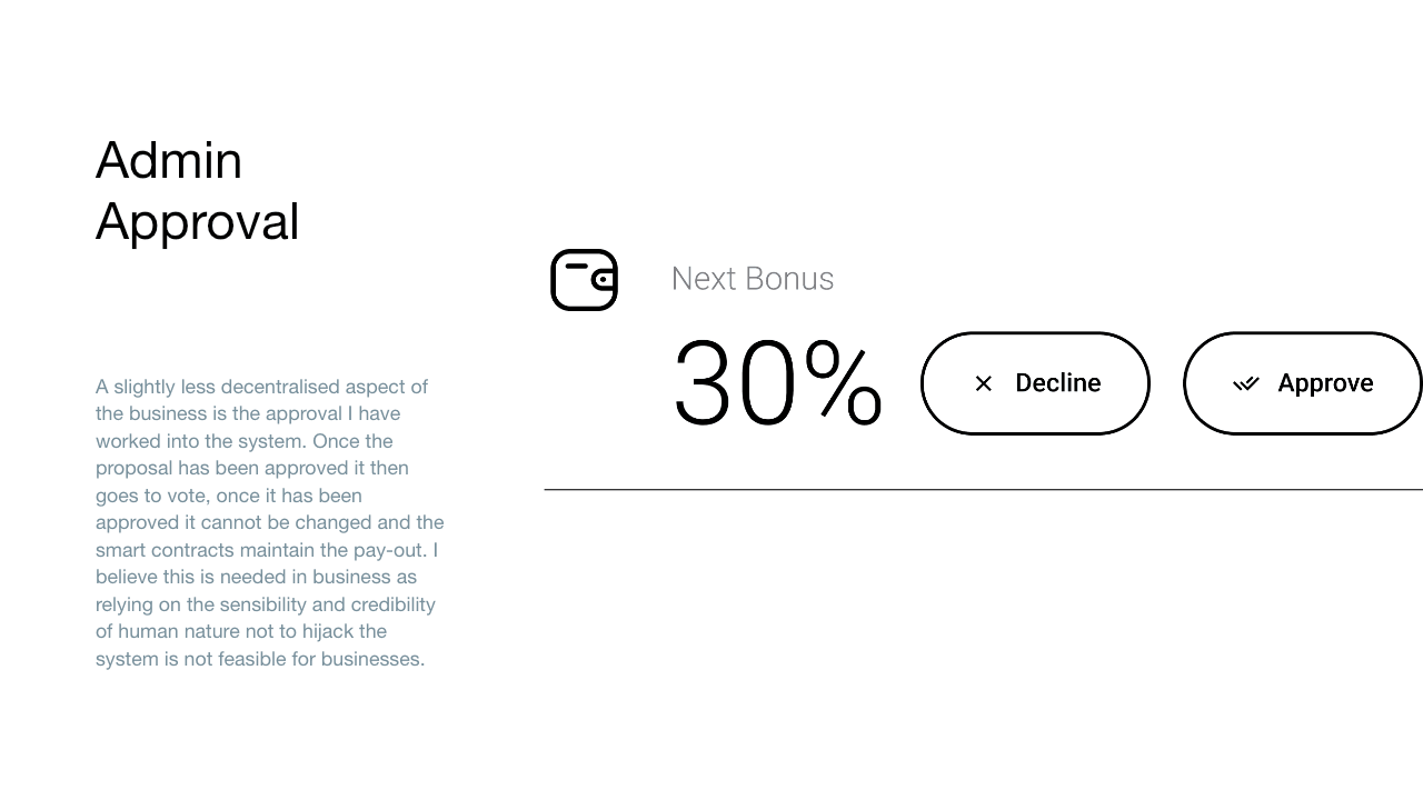 Admin approval concept showing a proposed 30 percent next bonus with prominent decline and approve controls.