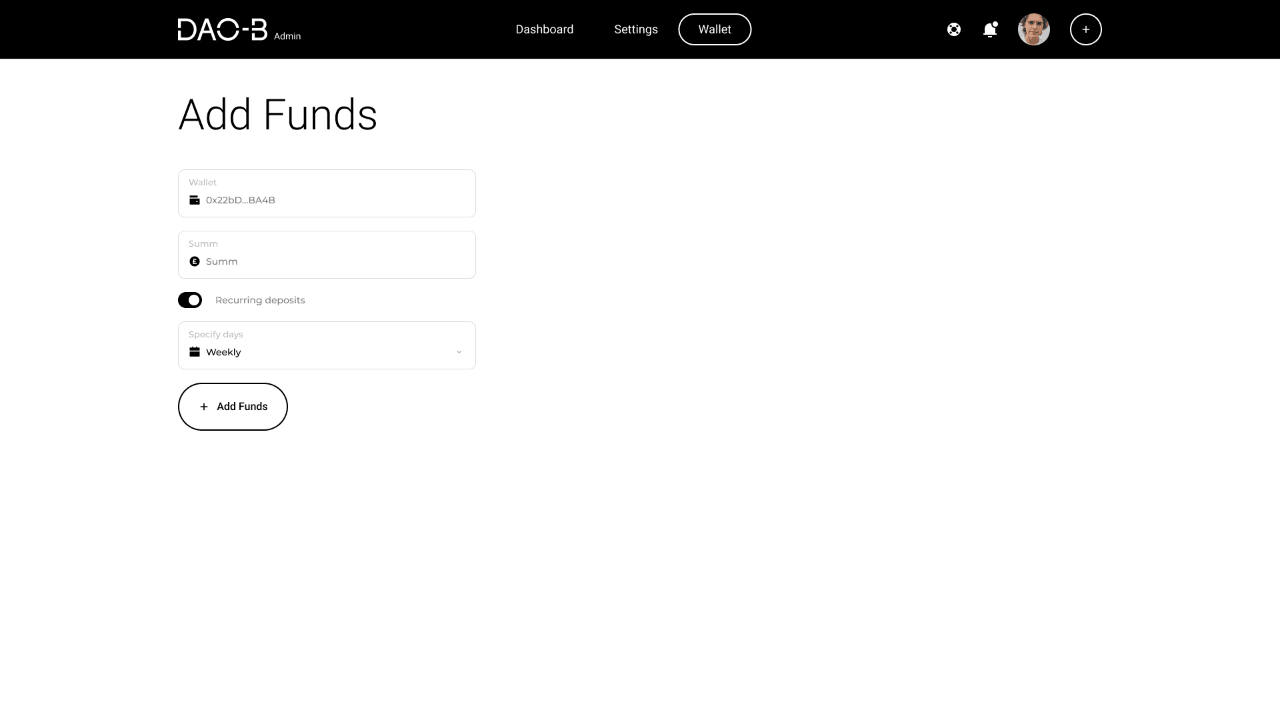 Add-funds form with wallet, amount, recurring deposit toggle, frequency selector and submission action.