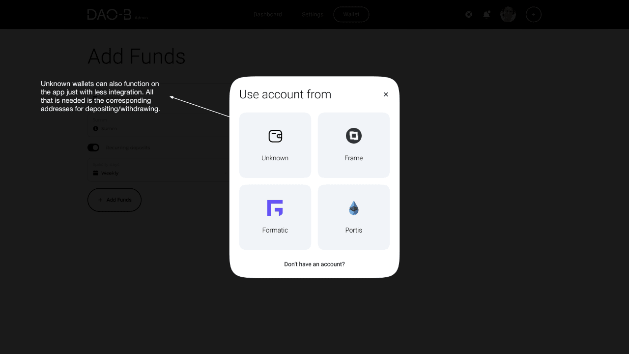 Darkened add-funds screen with a modal for choosing an unknown wallet, Frame, Fortmatic or Portis account.