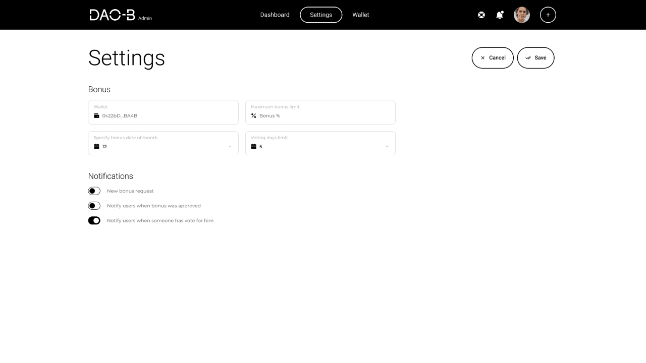 DAO-B admin settings for wallet, maximum bonus, payment date, voting period and notification preferences.