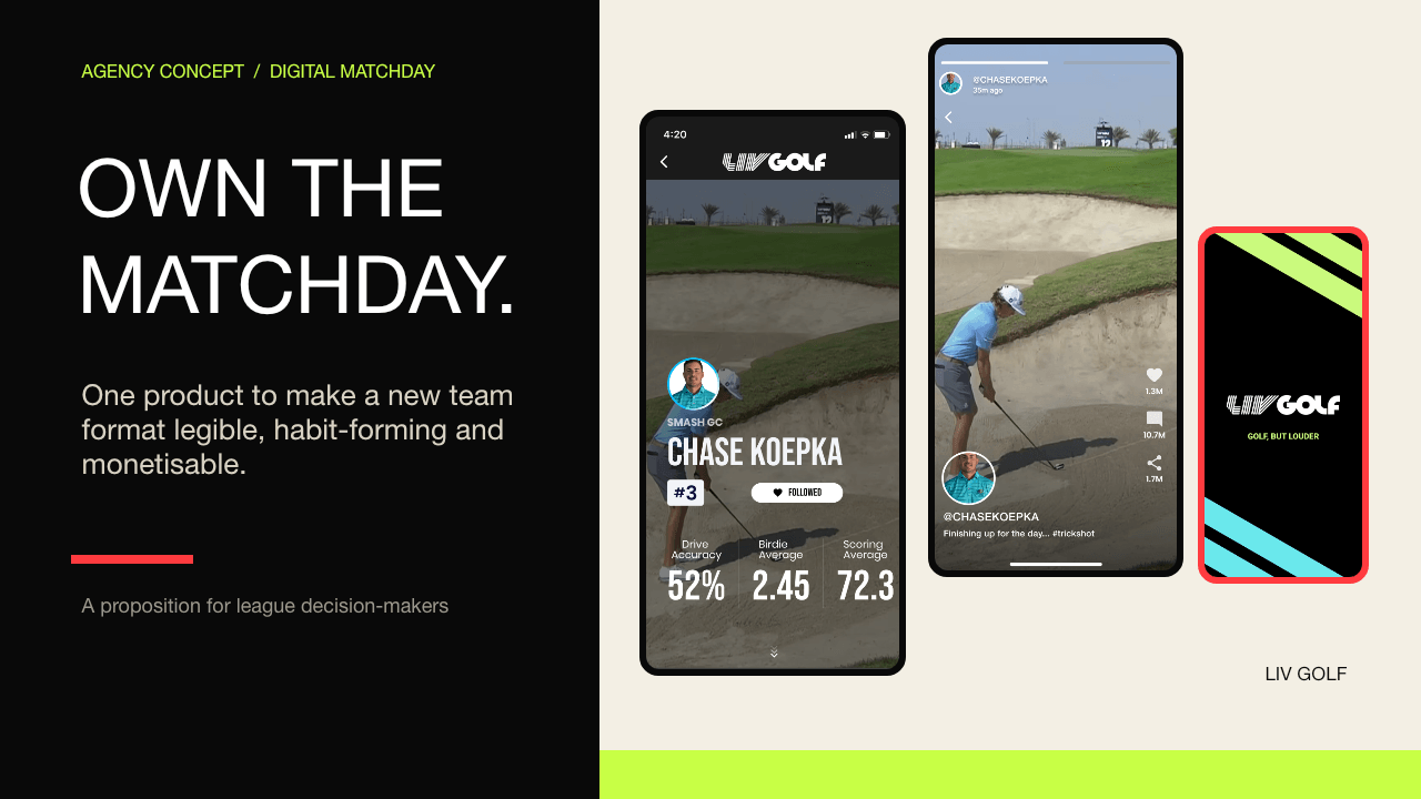 Cover slide with the proposition Own the Matchday beside three LIV Golf mobile screens for player video, vertical stories and the branded app experience.
