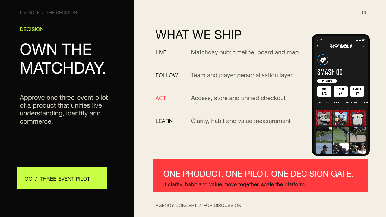 Decision slide asking for a three-event pilot covering a live matchday hub, personalisation, access and commerce, and measurement, with a team feed screen and explicit go decision.