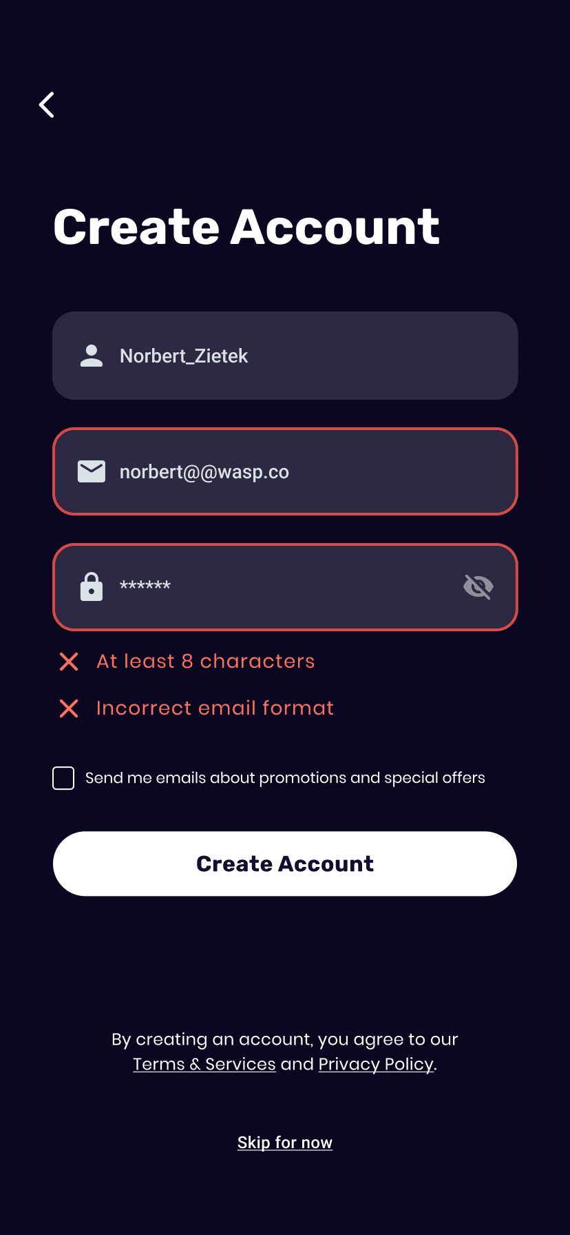 Watch Hockey create-account screen showing invalid email and password validation errors