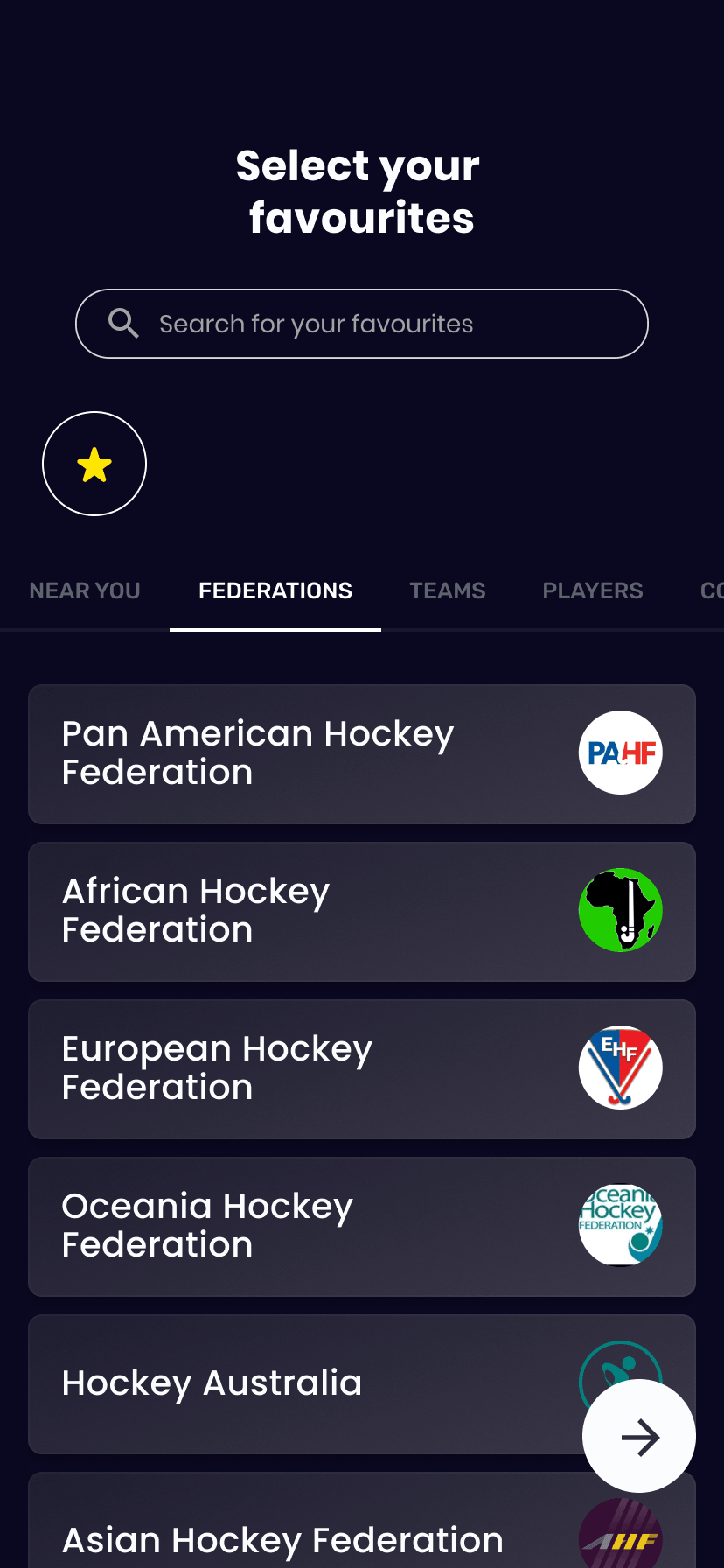 Watch Hockey favourites setup showing federation search and a list of international hockey federations