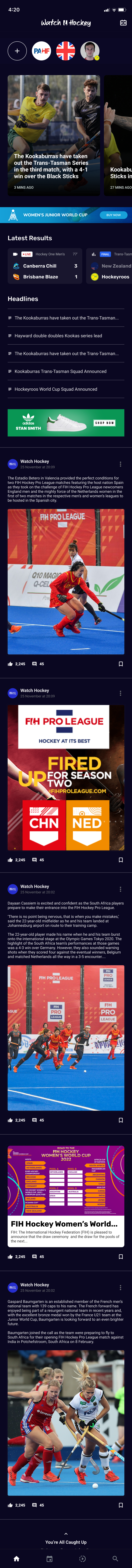 Watch Hockey latest feed with favourite teams, a featured Kookaburras story, tournament promotion and latest results