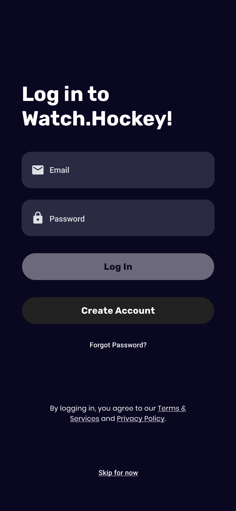 Watch Hockey login screen with email, password, account creation, forgotten password and skip options