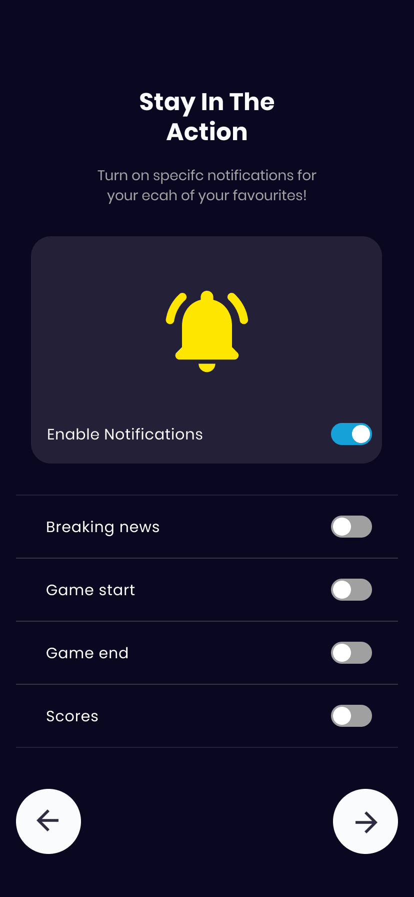 Watch Hockey notification setup screen with controls for breaking news, game starts, game ends and scores