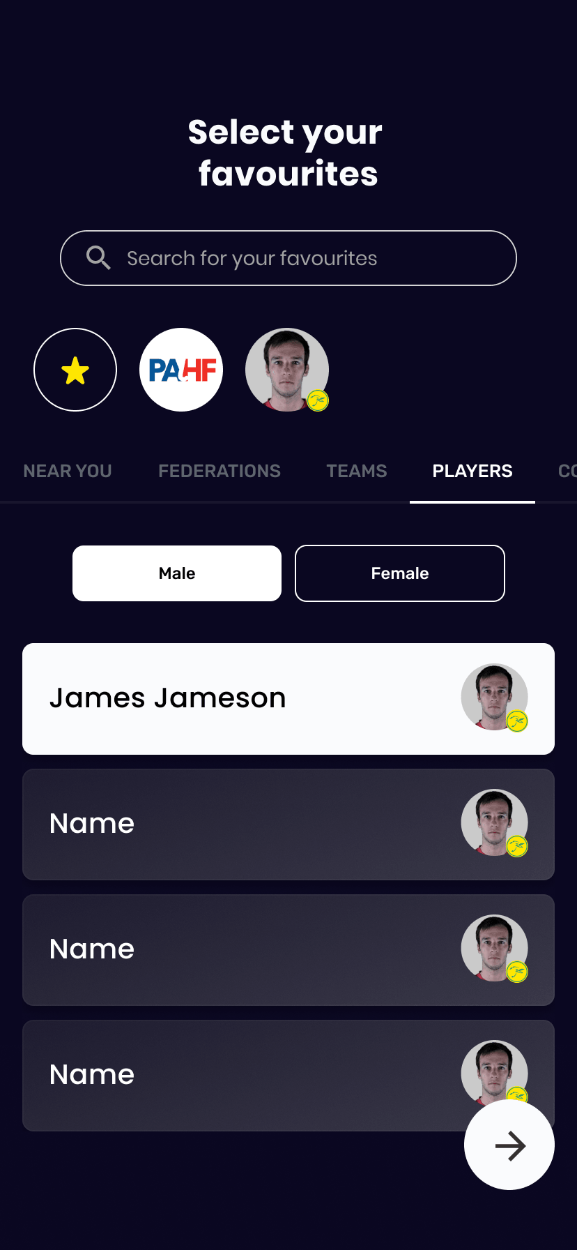 Watch Hockey favourites setup showing male and female player filters and a list of player profiles