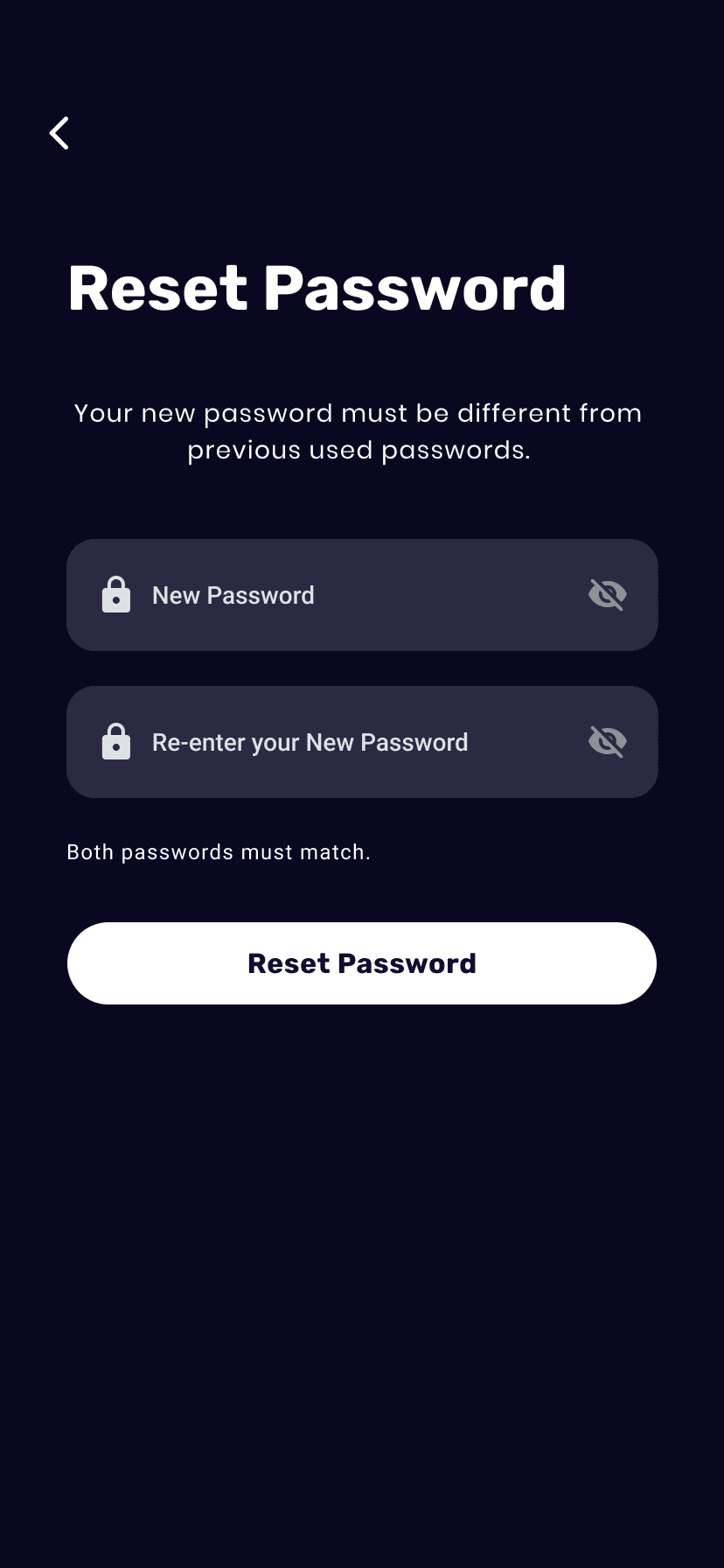 Watch Hockey reset-password screen with two password fields, matching guidance and reset action